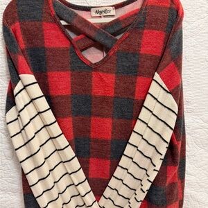 Red and Black Plaid Sweater with Striped Sleeves